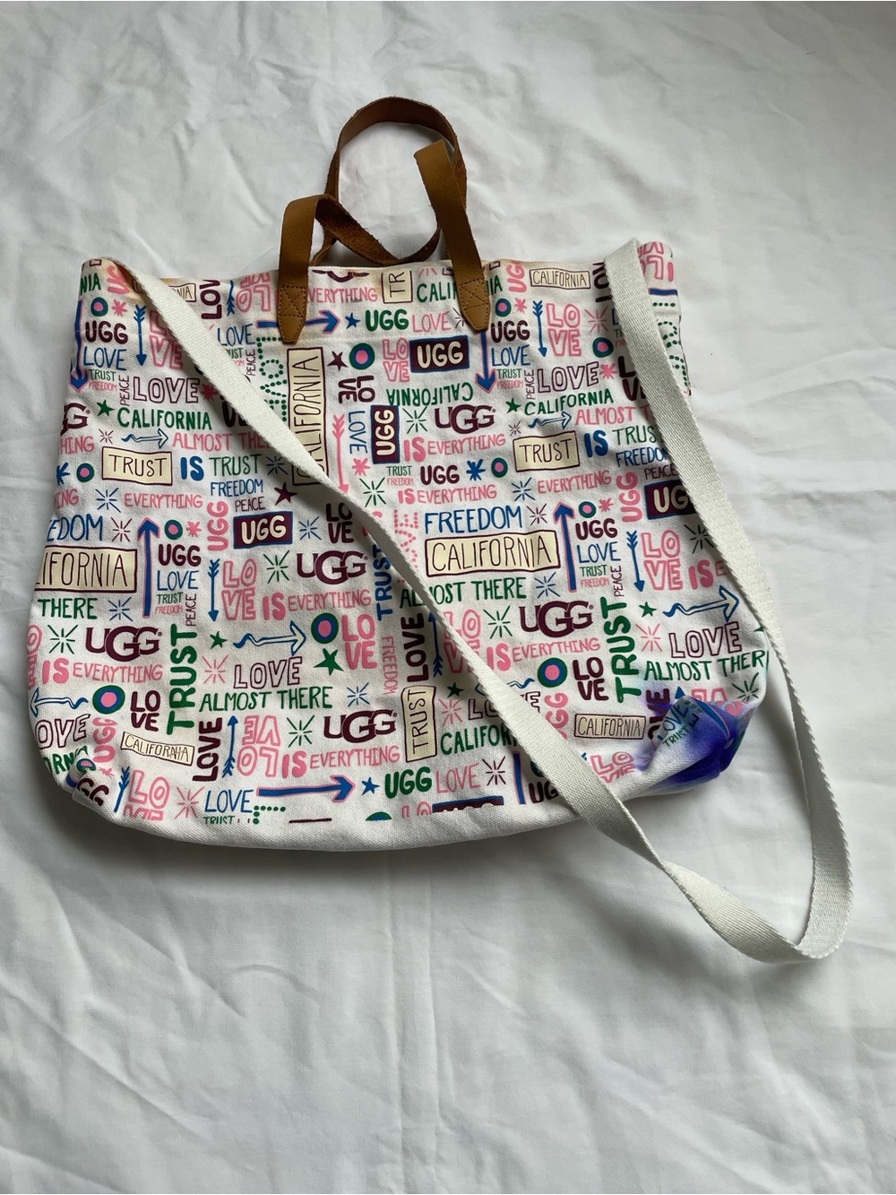 UGG White Canvas Tote with Multicolor Logo Print